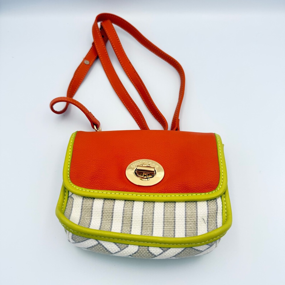 Spartina 449 Orange Leather Linen Geometric Crossbody Bag Lime Green Trim Gold